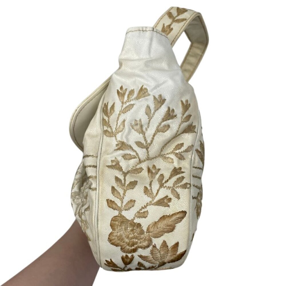 Vintage Cream and Brown Leather Embroidered Floral Purse - Picture 2 of 12